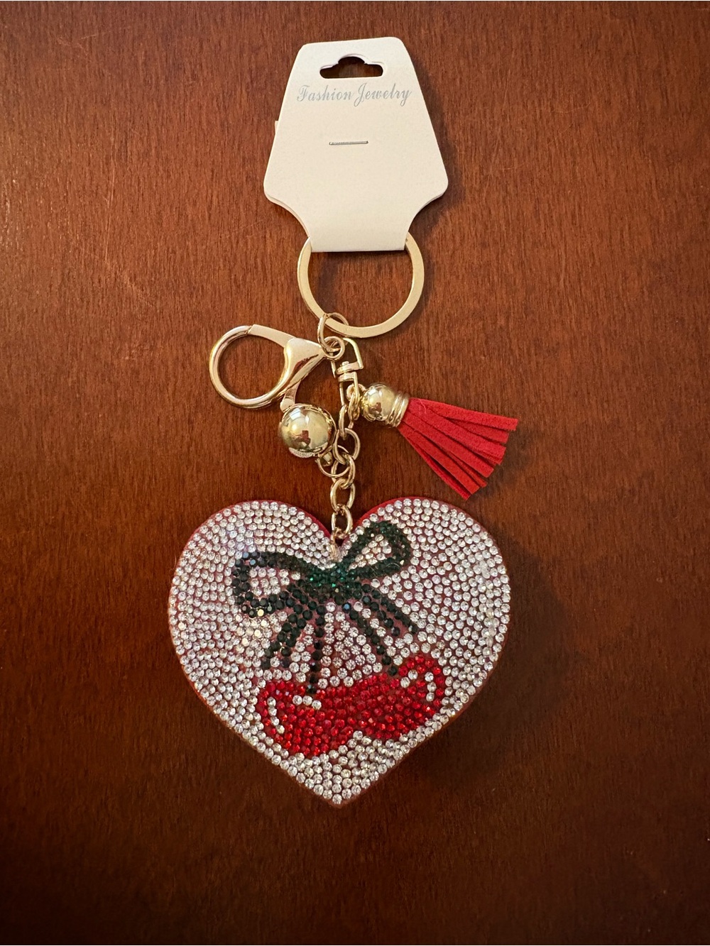 Red Cherries Heart Sparkly Puffy Keychain NWT